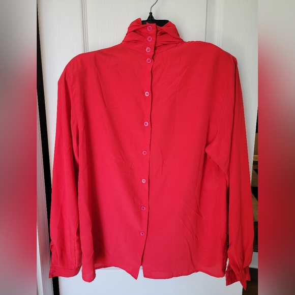 Vintage 80s Christian Dior Chemises Red Mock Neck Blouse Button Back Secretary 6 - Picture 2 of 7